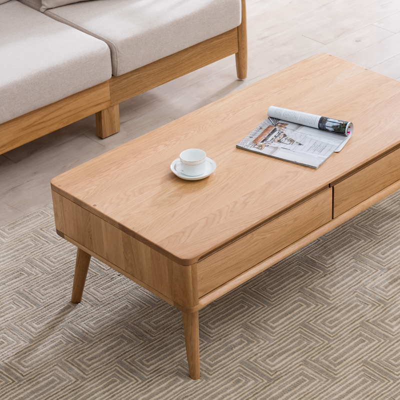 健匠日式实木简约茶几橡木北欧茶几现代矮几抽屉极简原木家用茶桌