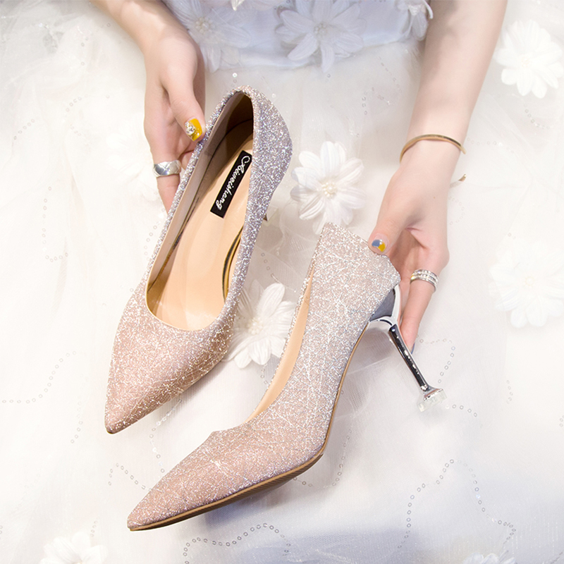 婚鞋女2022新款新娘婚纱鞋亮片礼服高跟鞋细跟伴娘结婚鞋子水晶鞋